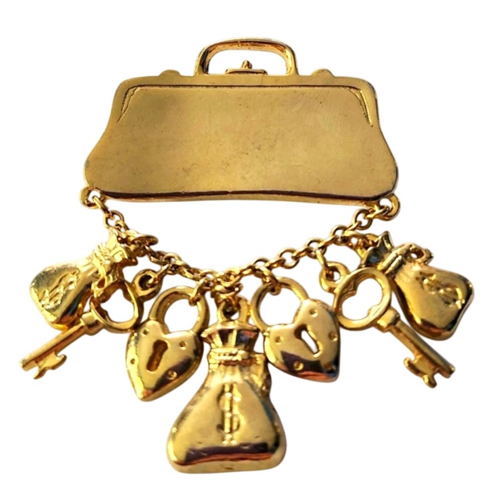 Vtg Gold Plated Purse Cash Money Key Charm Chatelaine Chain Pin Brooch